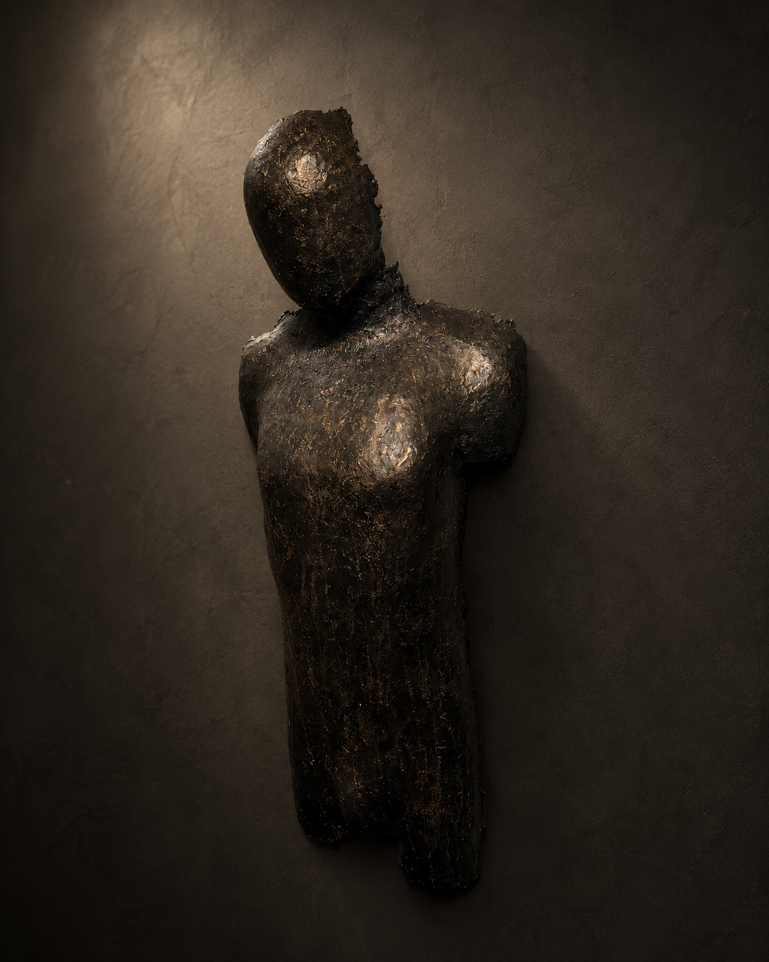 A dark, textured sculpture of a standing human figure mounted on a dark wall, lit by dramatic overhead lighting that highlights its rough, metallic-like surface.