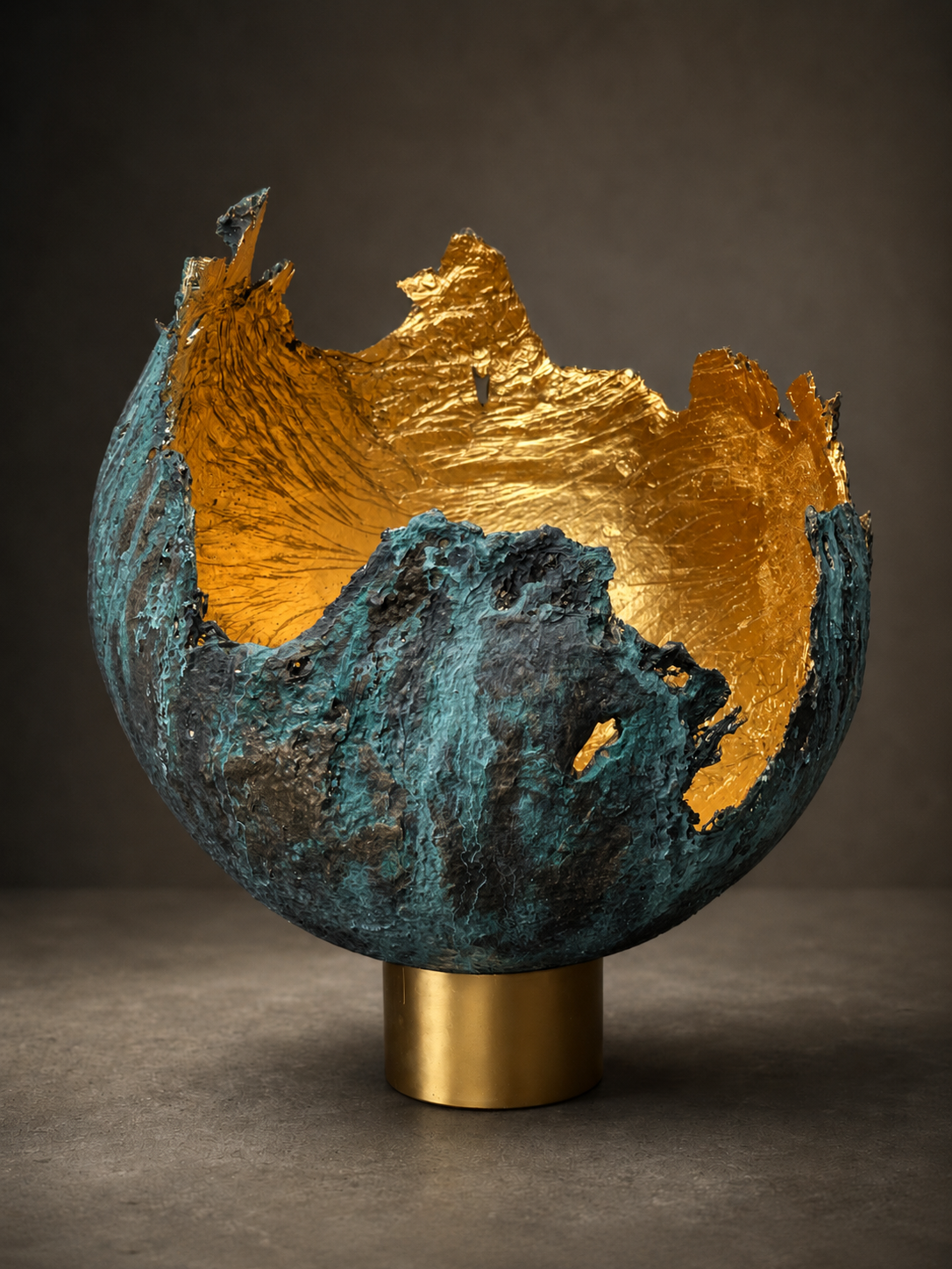 A decorative spherical sculpture or bowl with a textured turquoise-blue exterior and a reflective gold interior, mounted on a cylindrical gold base against a dark gray studio background.