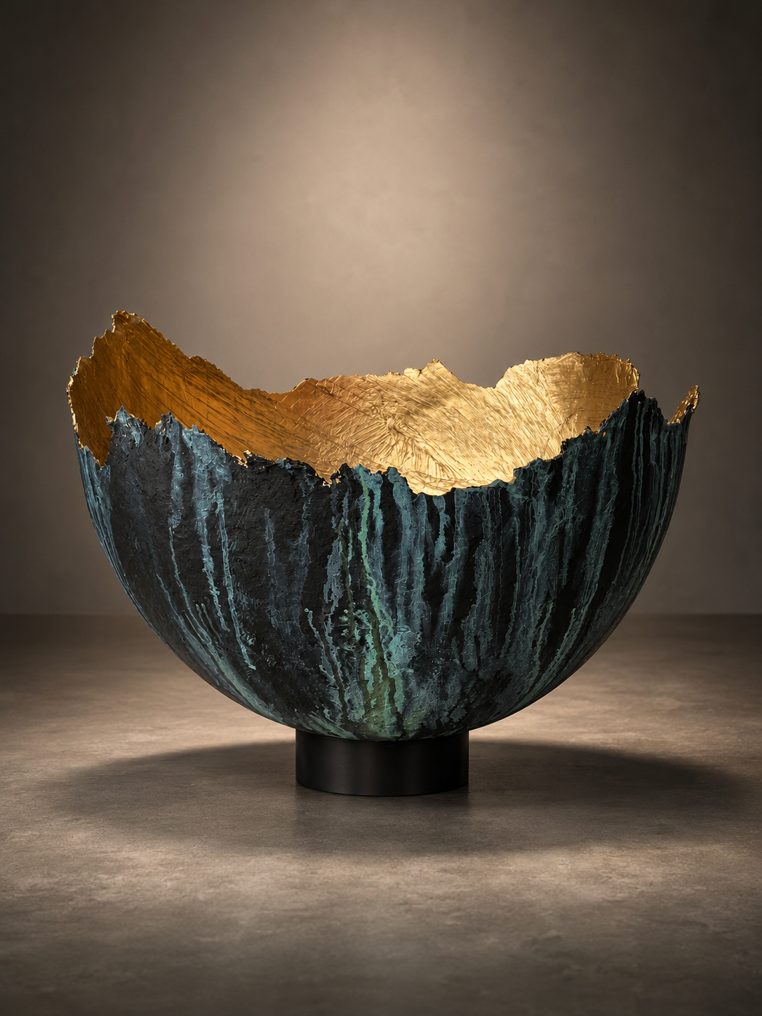 A sculptural bowl with a textured dark teal and black exterior and a shimmering gold interior, displayed on a black circular base against a warm gray studio background.