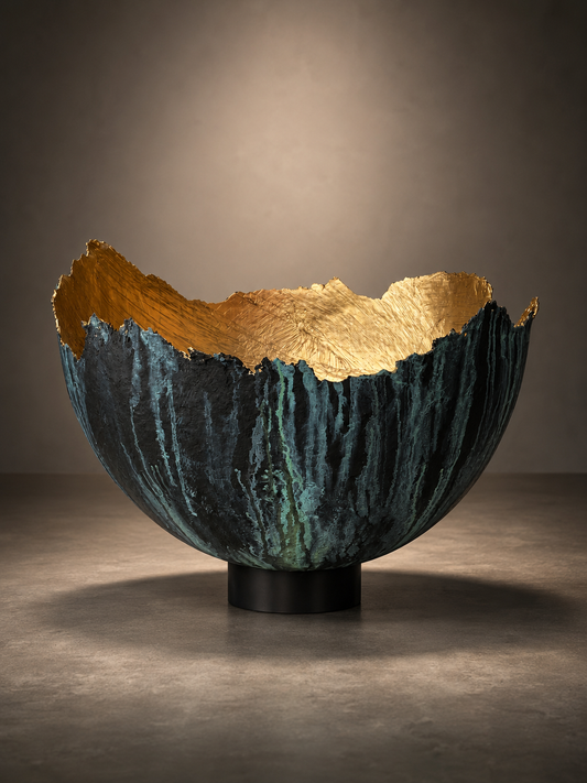 A sculptural bowl with a textured dark teal and black exterior and a shimmering gold interior, displayed on a black circular base against a warm gray studio background.