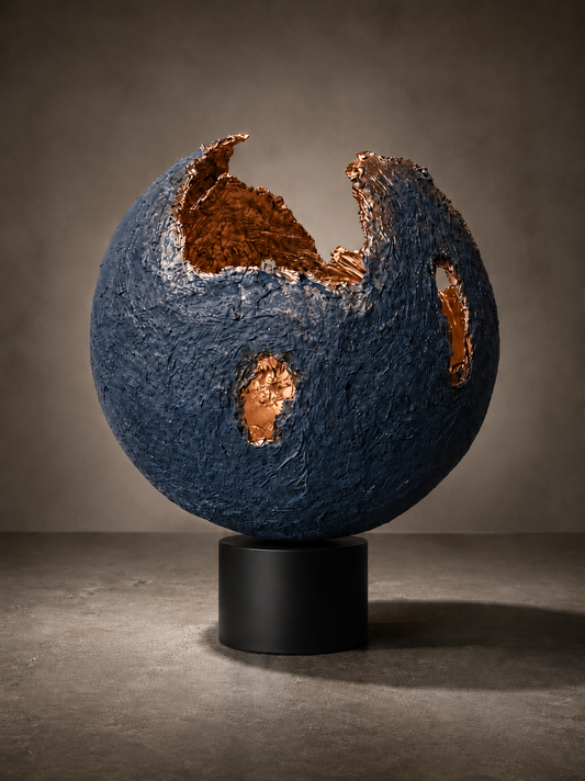 A decorative spherical sculpture with a dark textured blue exterior and exposed metallic copper interior, displayed on a black cylindrical pedestal against a dark gray studio background.
